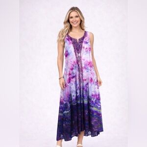 Plus Sleeveless summer Dress Beaded Lace Stretchy Size Tie Dye